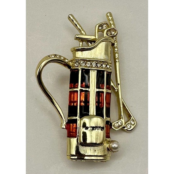Vtg Dane Craft Golf Bag Clubs Brooch Pin Enamel Gold Tone Rhinestone Pearl 2.5" - Picture 1 of 5